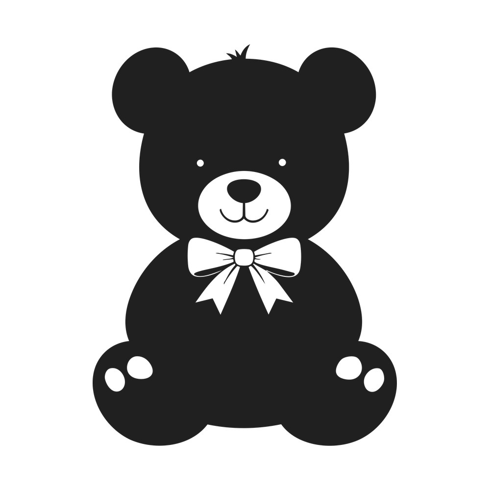 Solid black teddy bear sitting front on with a ribbon bow, pale muzzle and paw pads