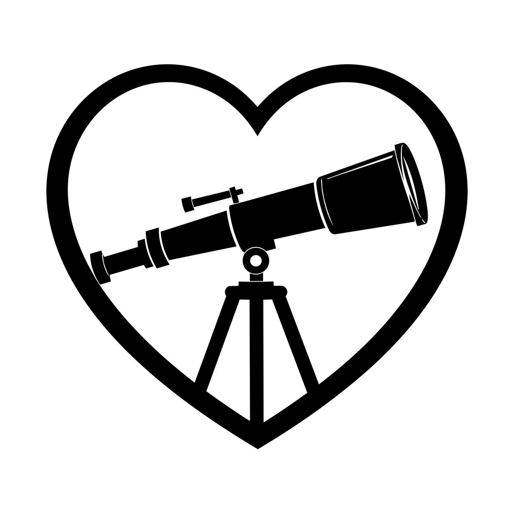 Telescope on a tripod inside an open heart outline, black line art