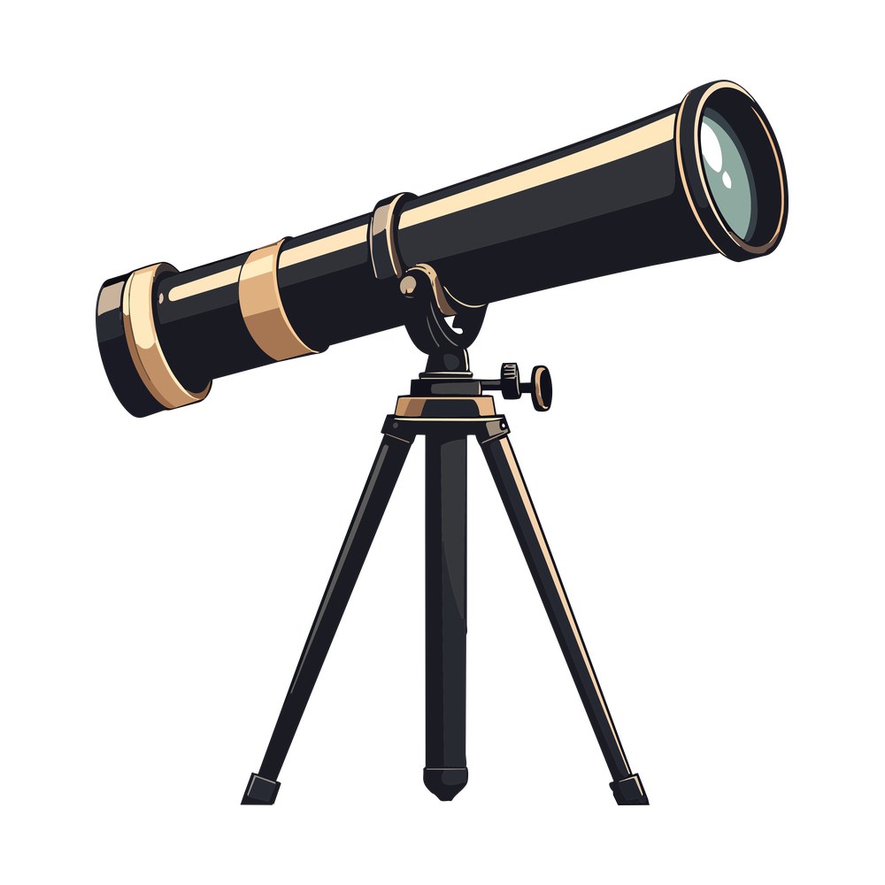 Black and brass refractor telescope angled upward on a three-leg tripod with pale green lens
