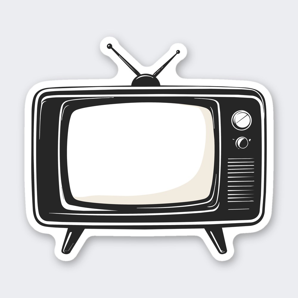 Hand-drawn retro television with rabbit-ear antenna, tuning dials and a blank cream screen