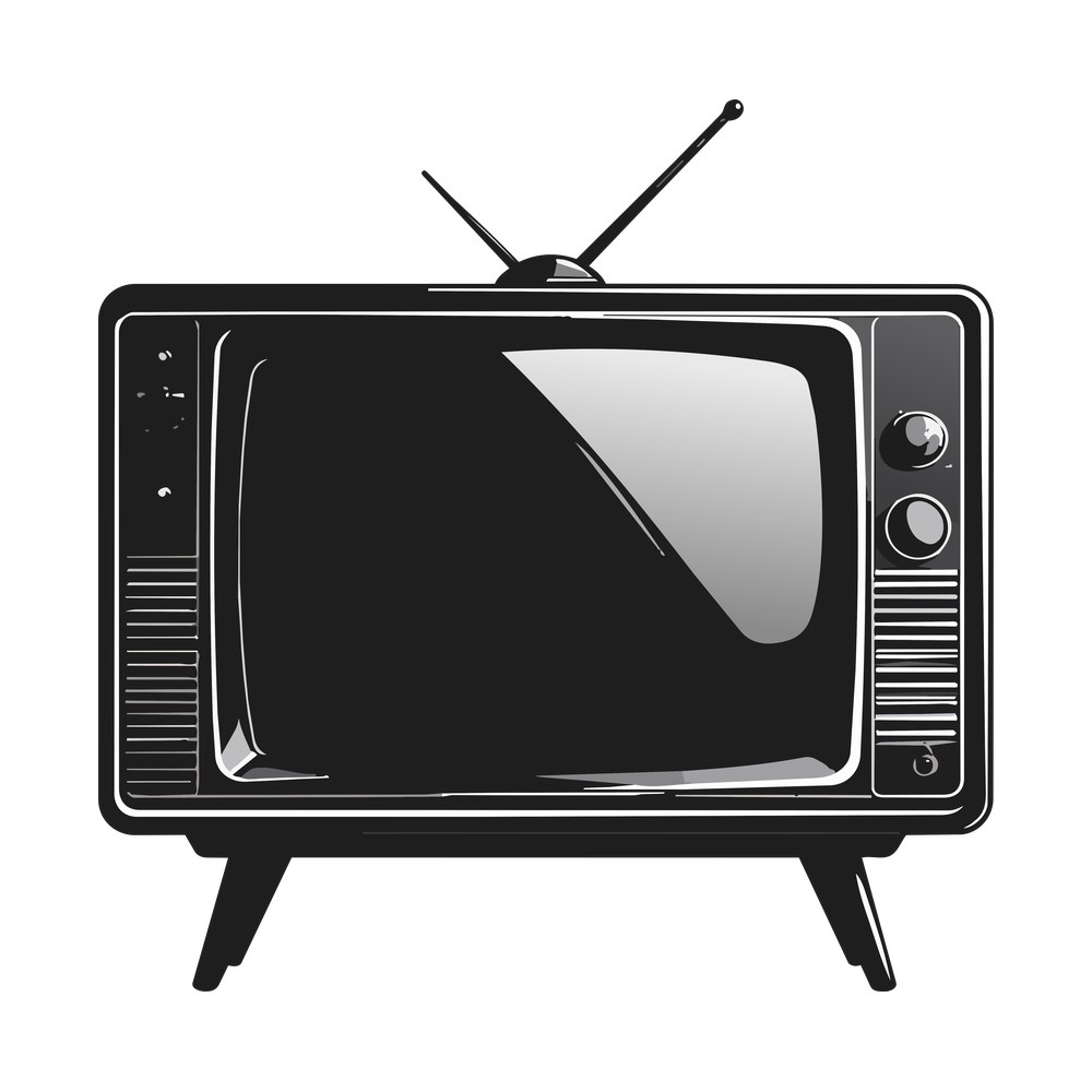 Vintage television with bent rabbit ear antenna, glossy dark screen, two dials and tapered legs