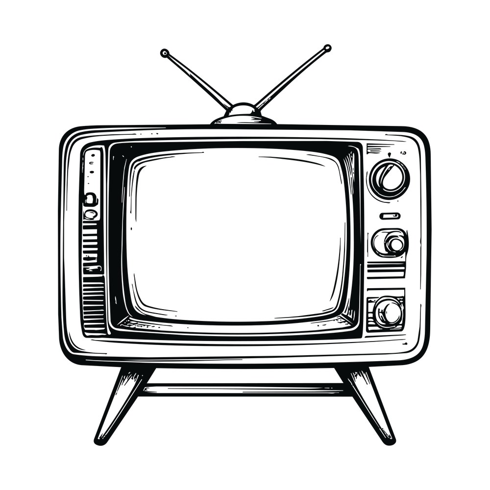 Sketched outline of a vintage television with rabbit ear antenna, knobs and angled legs