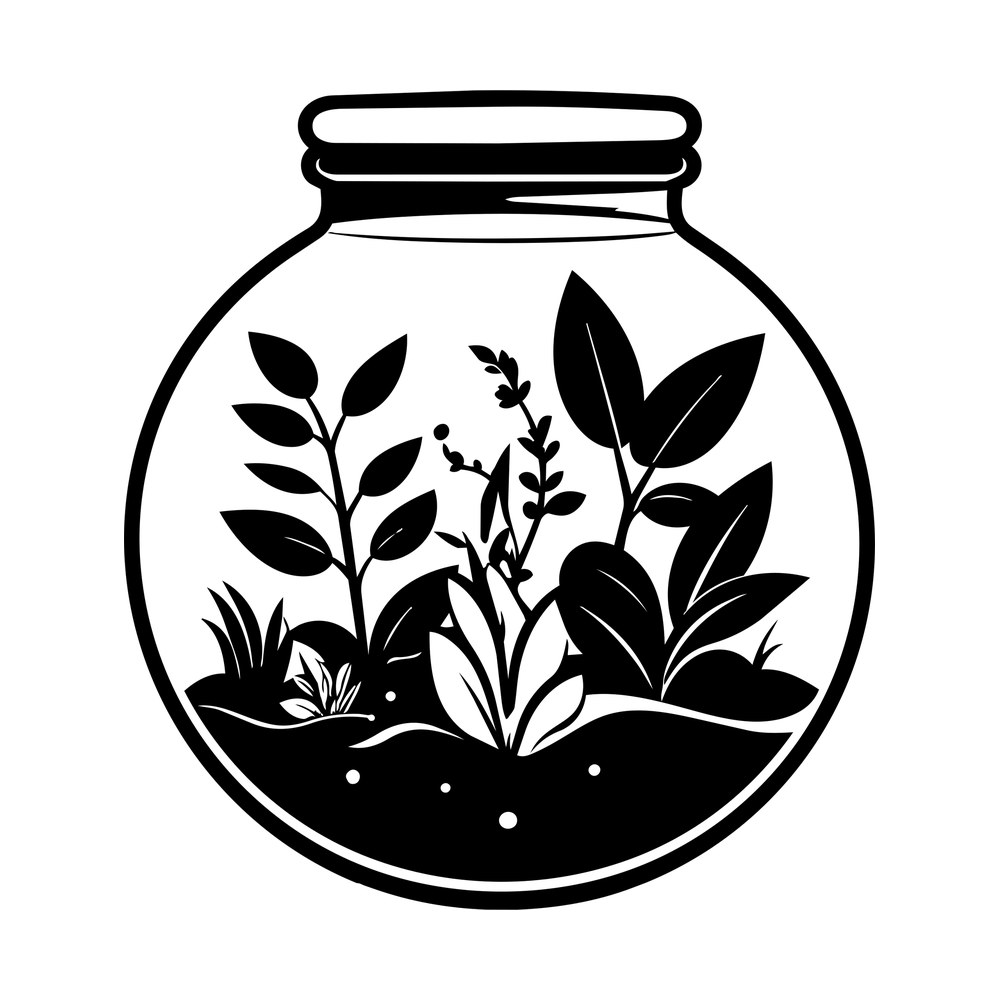 Round glass jar terrarium silhouette filled with leafy stems, grass tufts and mounded soil