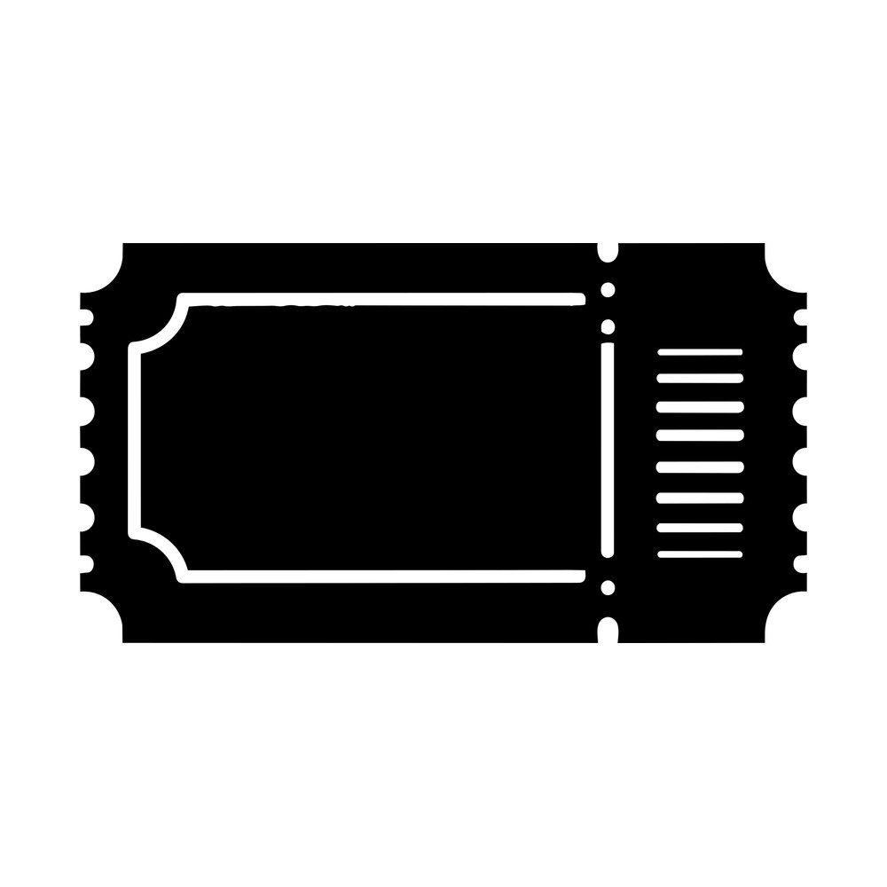 Black ticket stub sticker with scalloped side notches, dotted perforation line and blank center panel