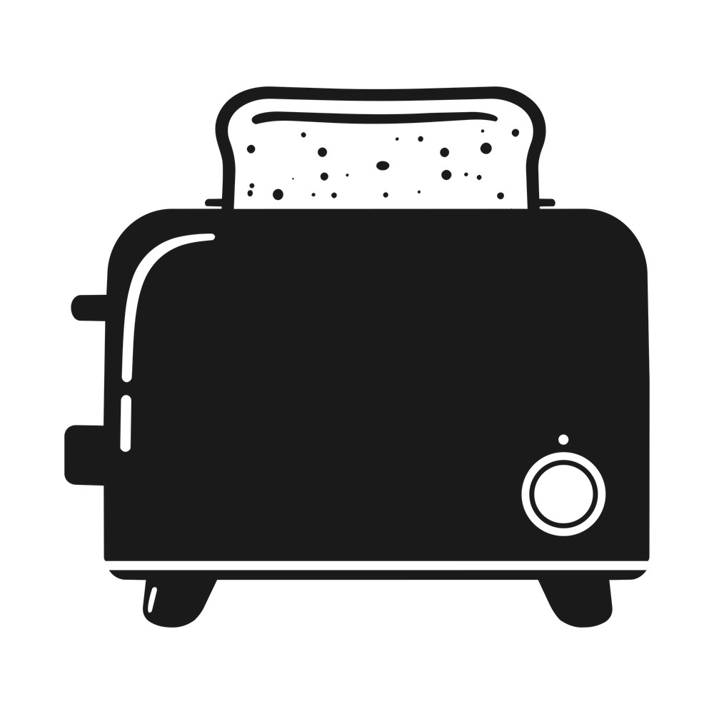 Black toaster sticker with a speckled slice of toast popping up and a round dial