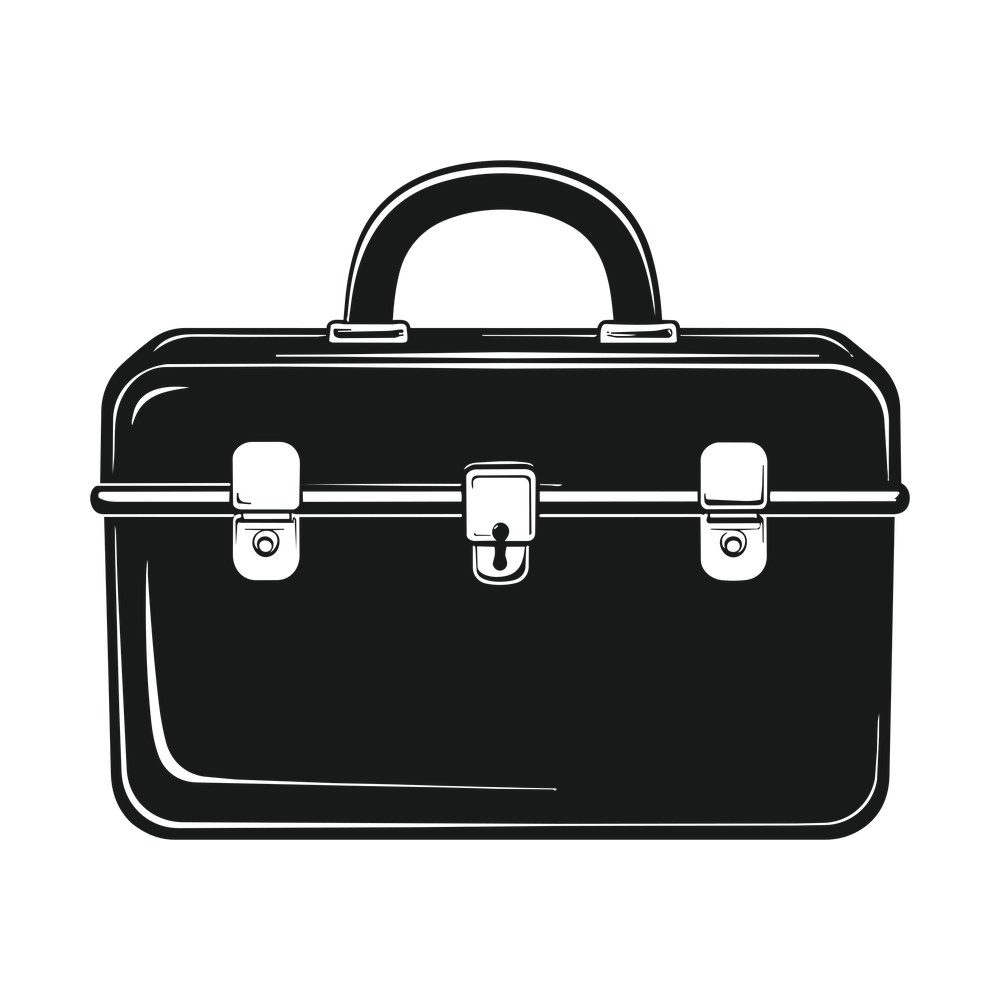 Vintage black toolbox with a curved handle, two latches and a center keyhole lock