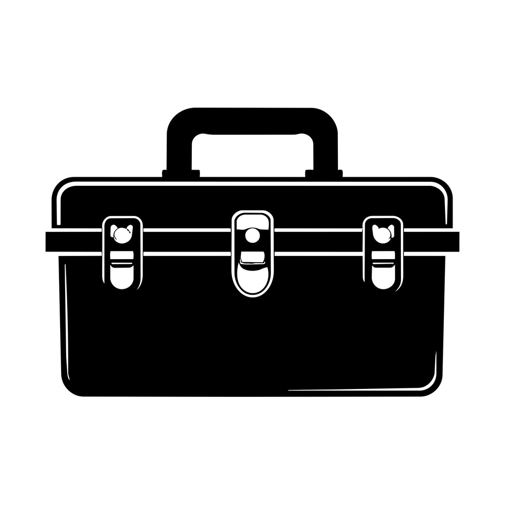 Black toolbox sticker with carry handle, center clasp and two side latches