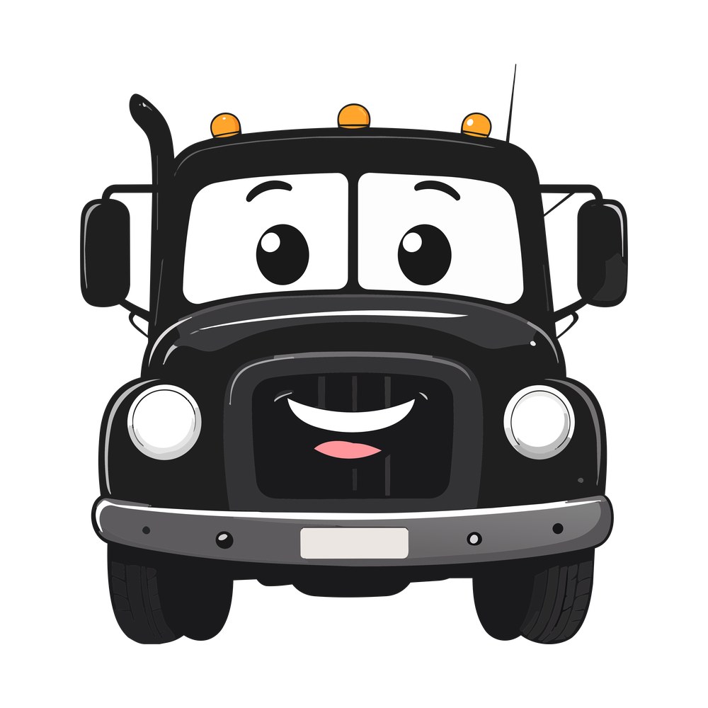Cartoon black tow truck seen from the front with smiling grille, eyes in the windshield and orange roof lights
