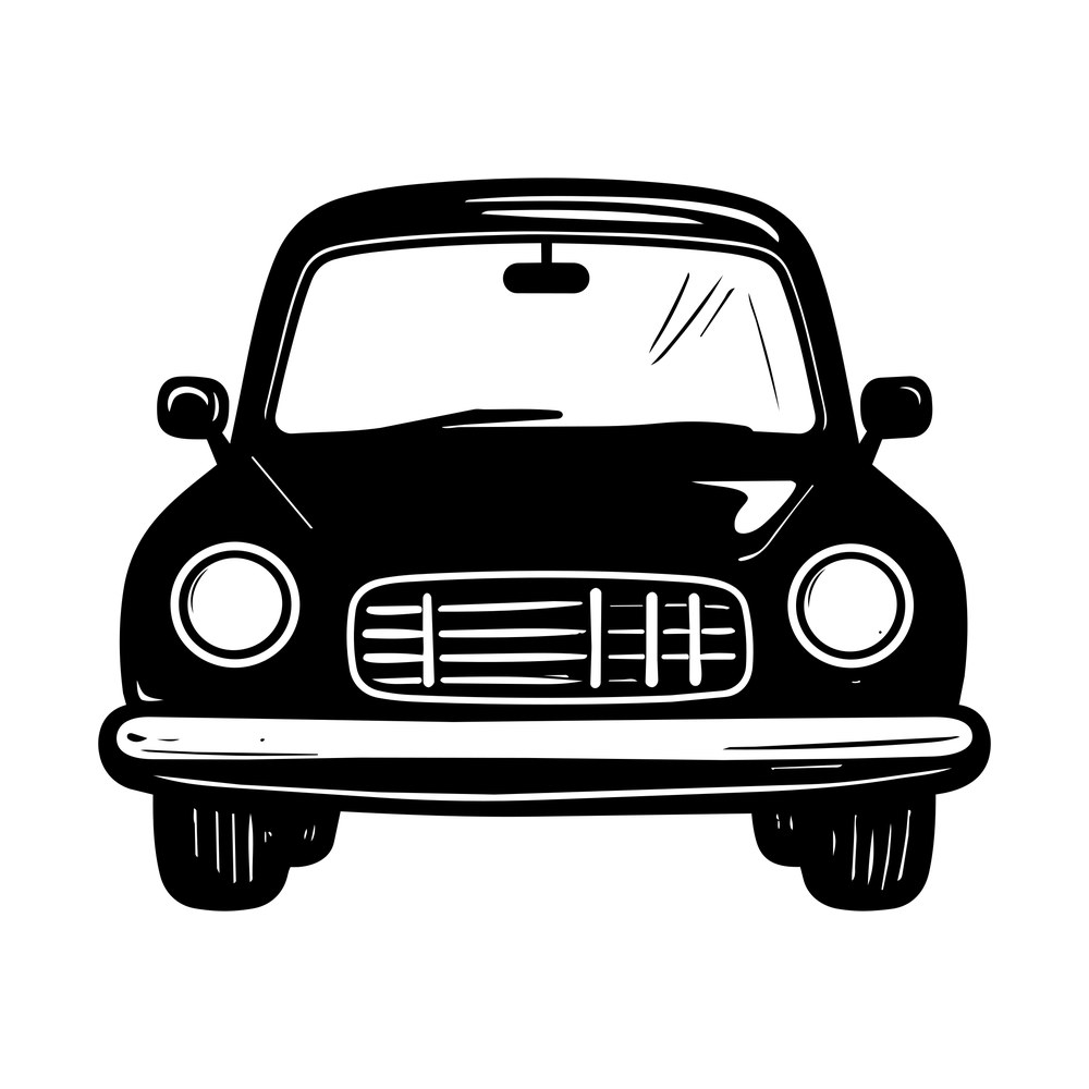 Front view of a classic black car with round headlights, ribbed chrome grille and bumper