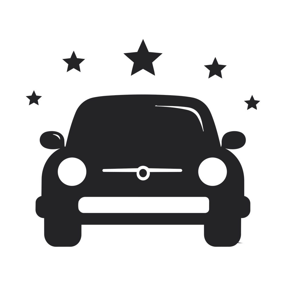 Front view of a cartoon toy car with round headlights beneath an arc of five black stars