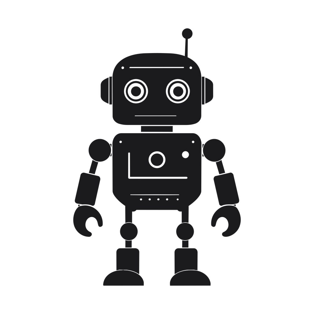 Solid black toy robot with antenna, ring eyes, claw hands and a boxy body, front view