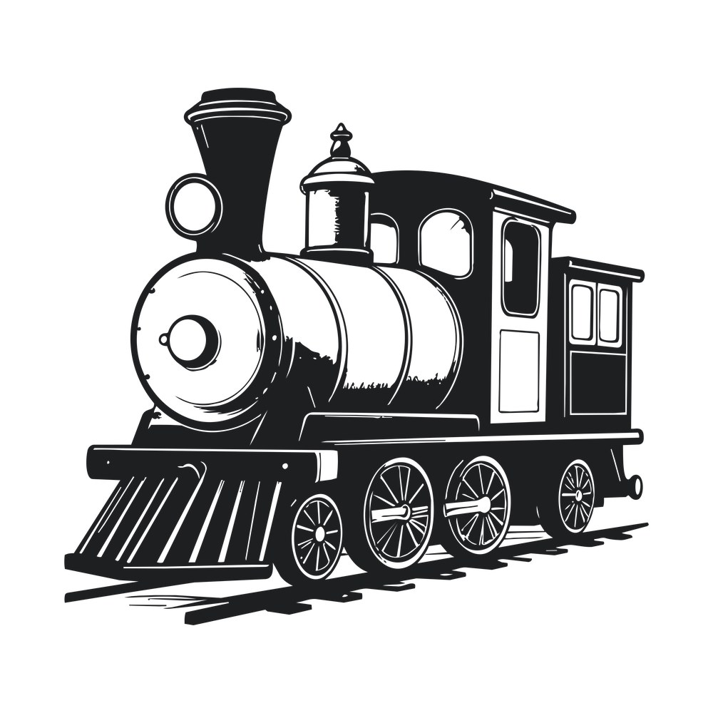 Black and white steam locomotive on track with smokestack, cowcatcher and spoked wheels