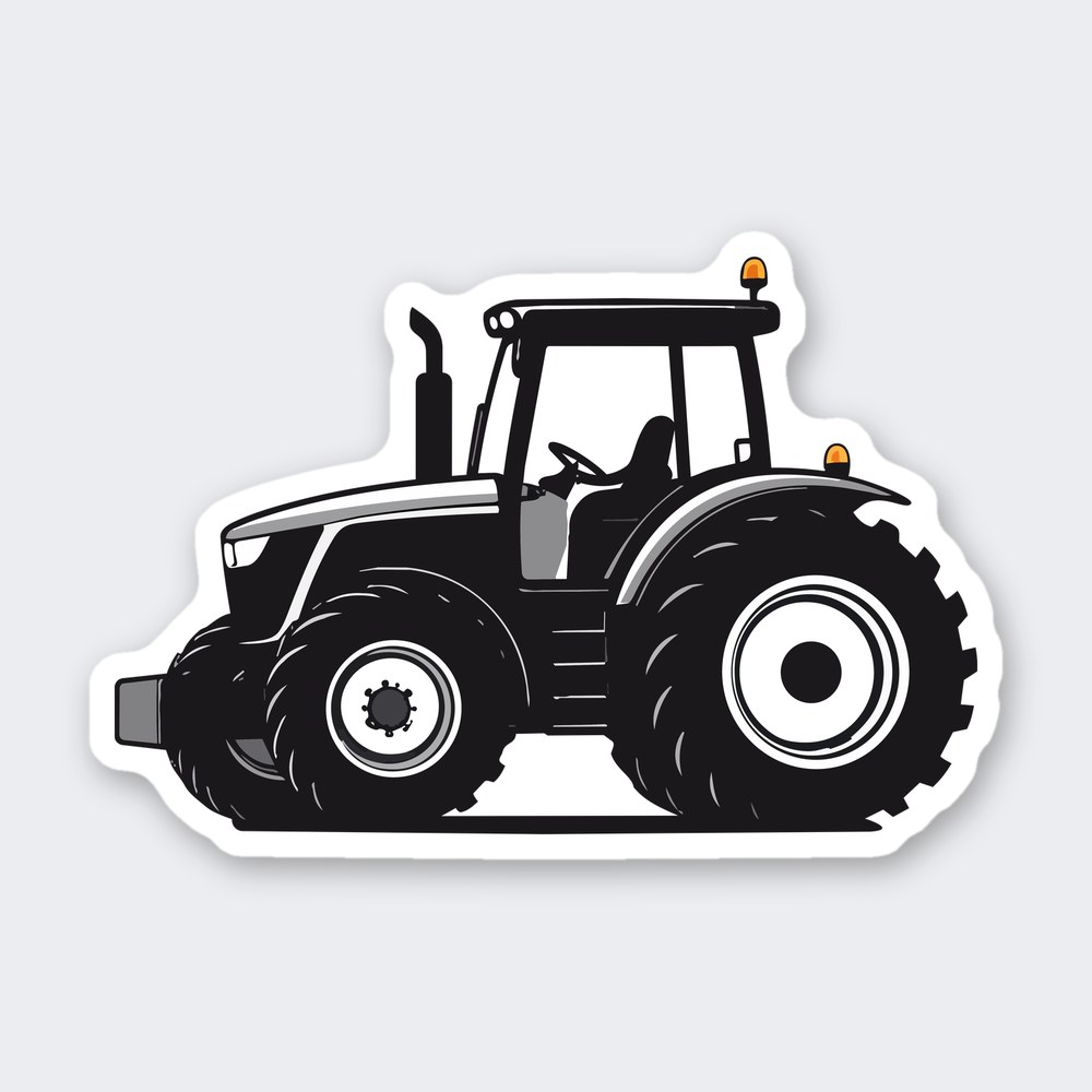 Side view black farm tractor sticker with a large treaded rear tire and amber beacon lights