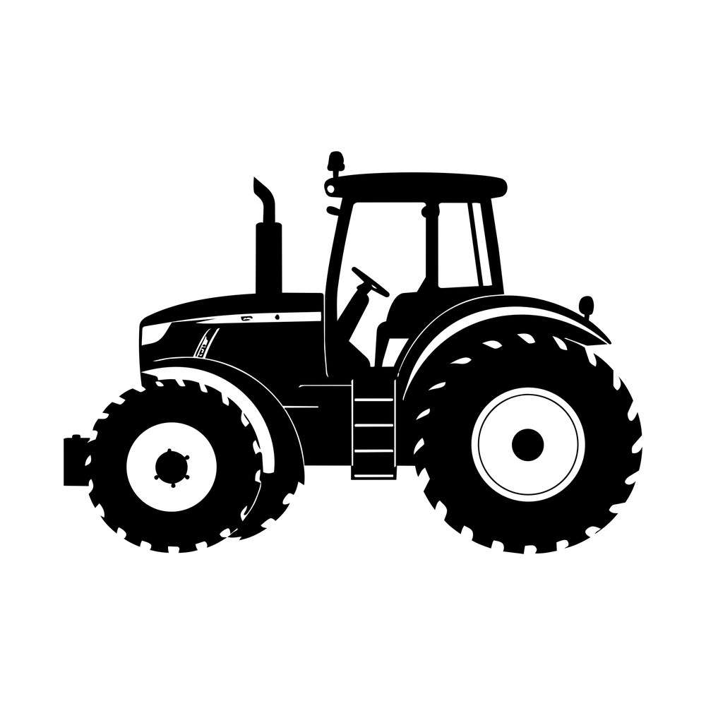 Black side-view farm tractor sticker with cab, exhaust stack and treaded tires