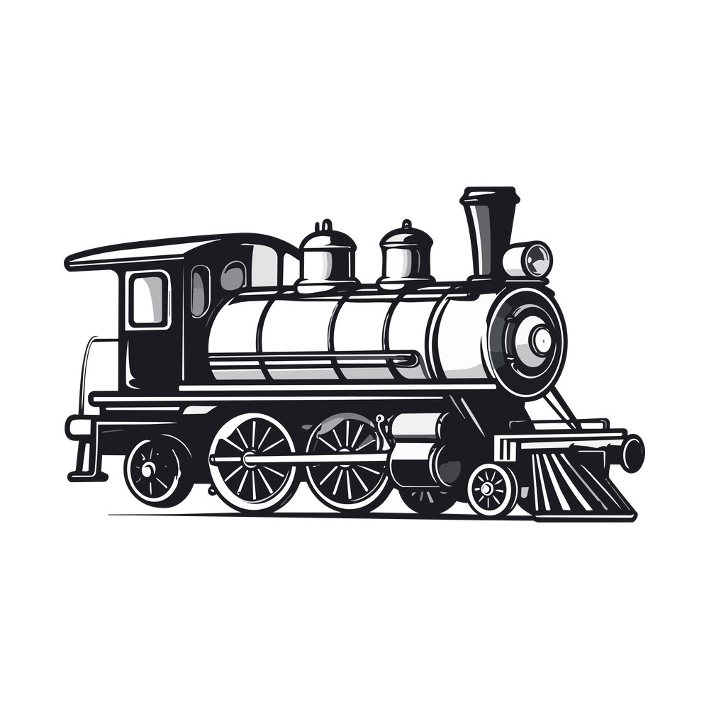 Black and gray vintage steam locomotive in side view with spoked wheels, smokestack and cowcatcher
