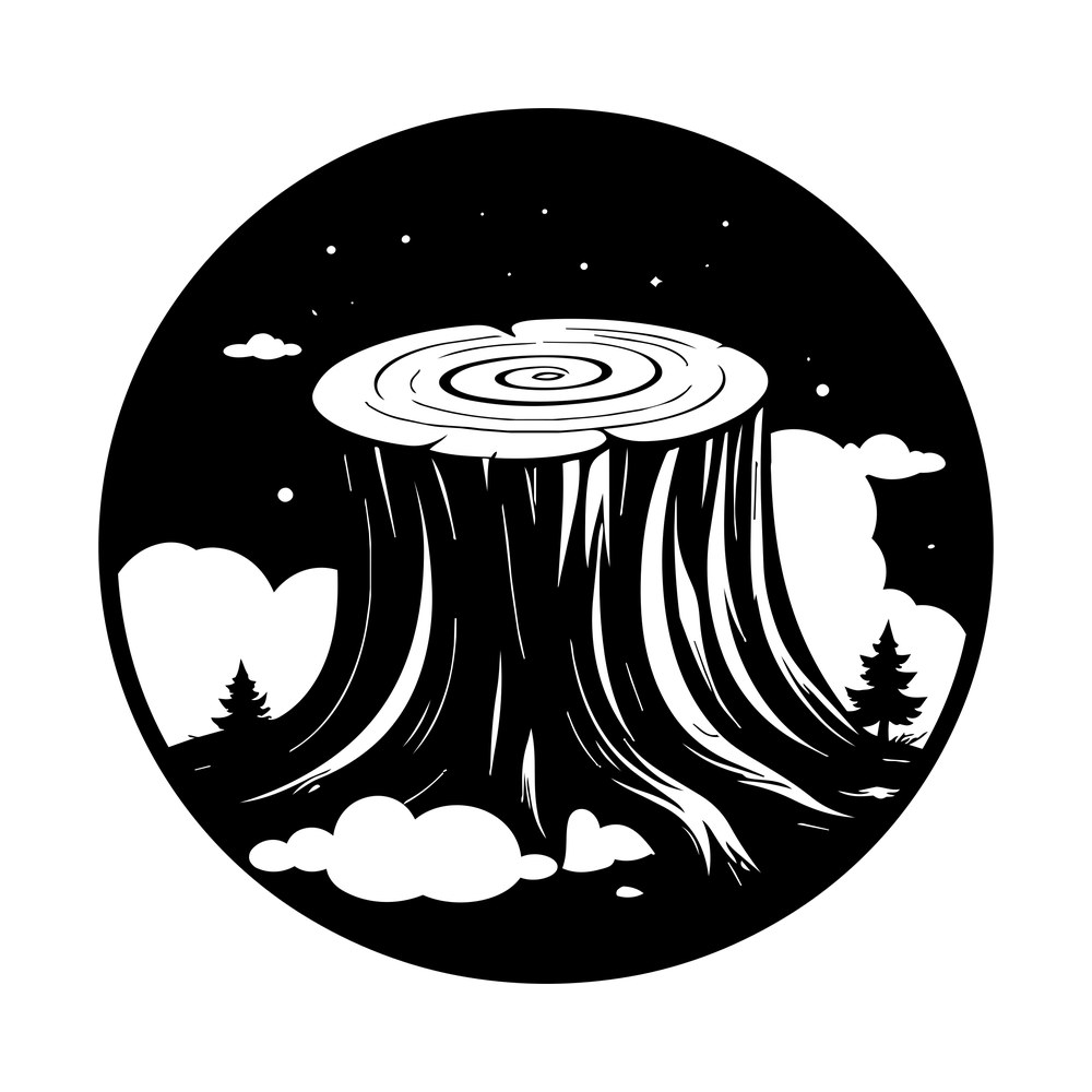 Circular badge with reversed-out tree stump, growth rings, pine trees, clouds and stars