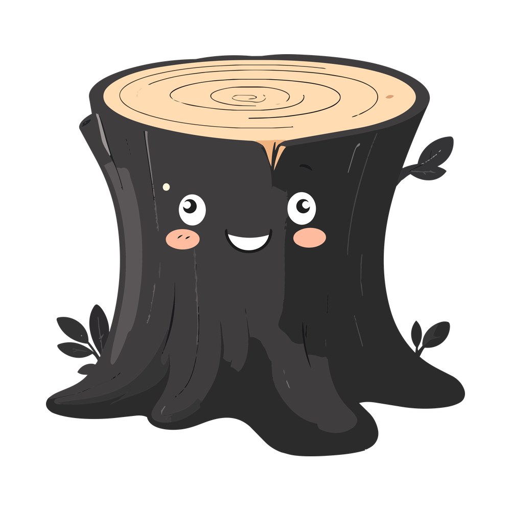 Cartoon tree stump with smiling face, blush cheeks, growth rings on top and small leaf sprouts