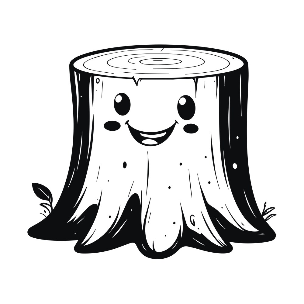 Cartoon tree stump with a smiling face, big eyes and a root skirt, black and white doodle style