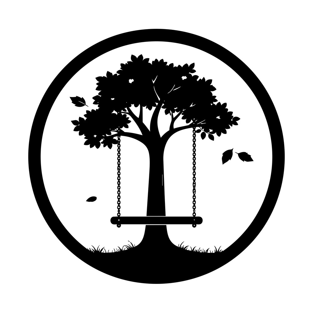 Black silhouette of a leafy tree with a hanging plank swing inside a thick circular frame