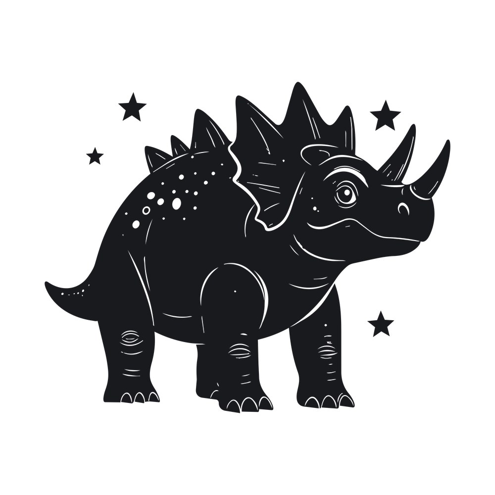 Black triceratops silhouette with horns, frill, white line details and four small stars