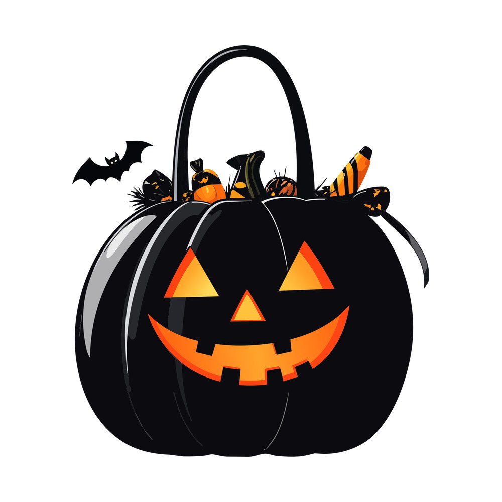 Glossy black pumpkin candy bucket with glowing carved face, handle, wrapped candy and a bat