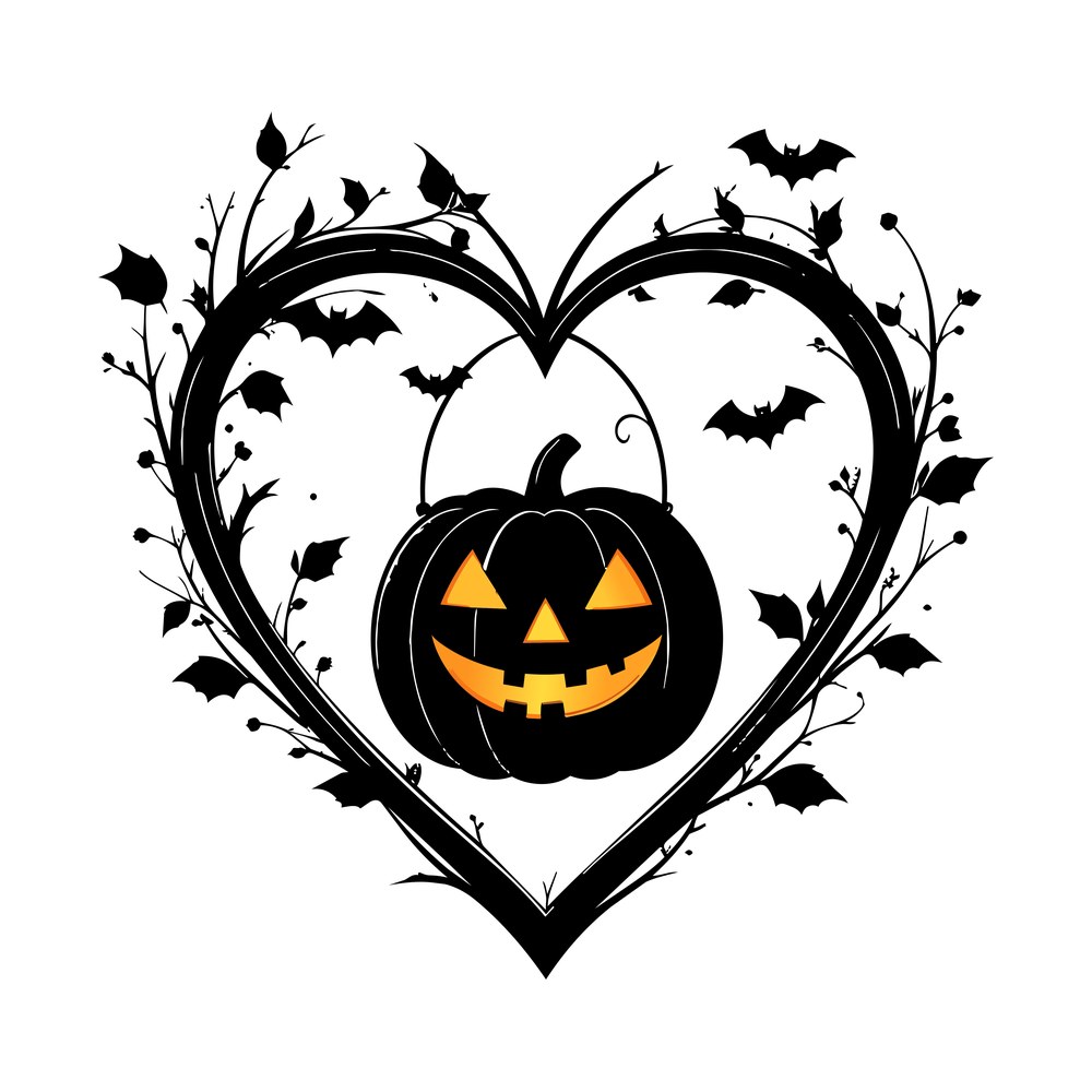 Jack-o-lantern with glowing face inside a heart frame of branches, leaves and flying bats