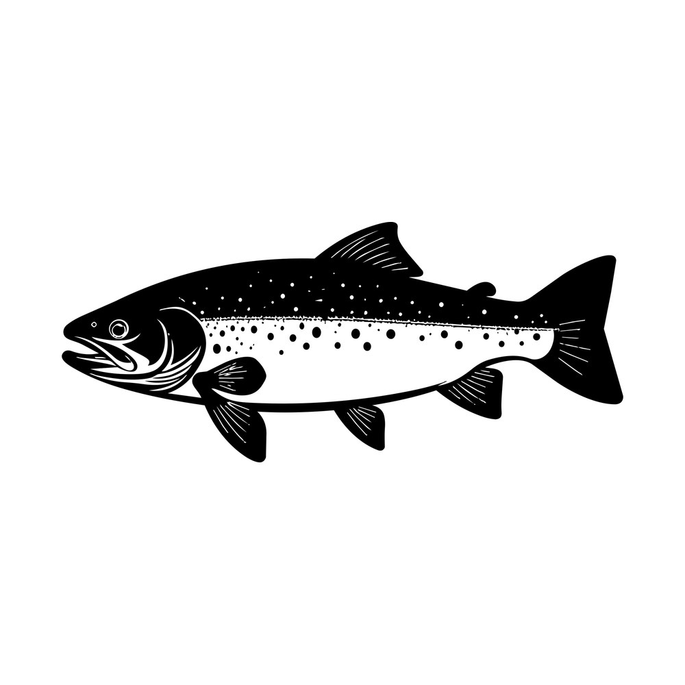 Black and white speckled trout silhouette with open jaw, spotted side and forked tail