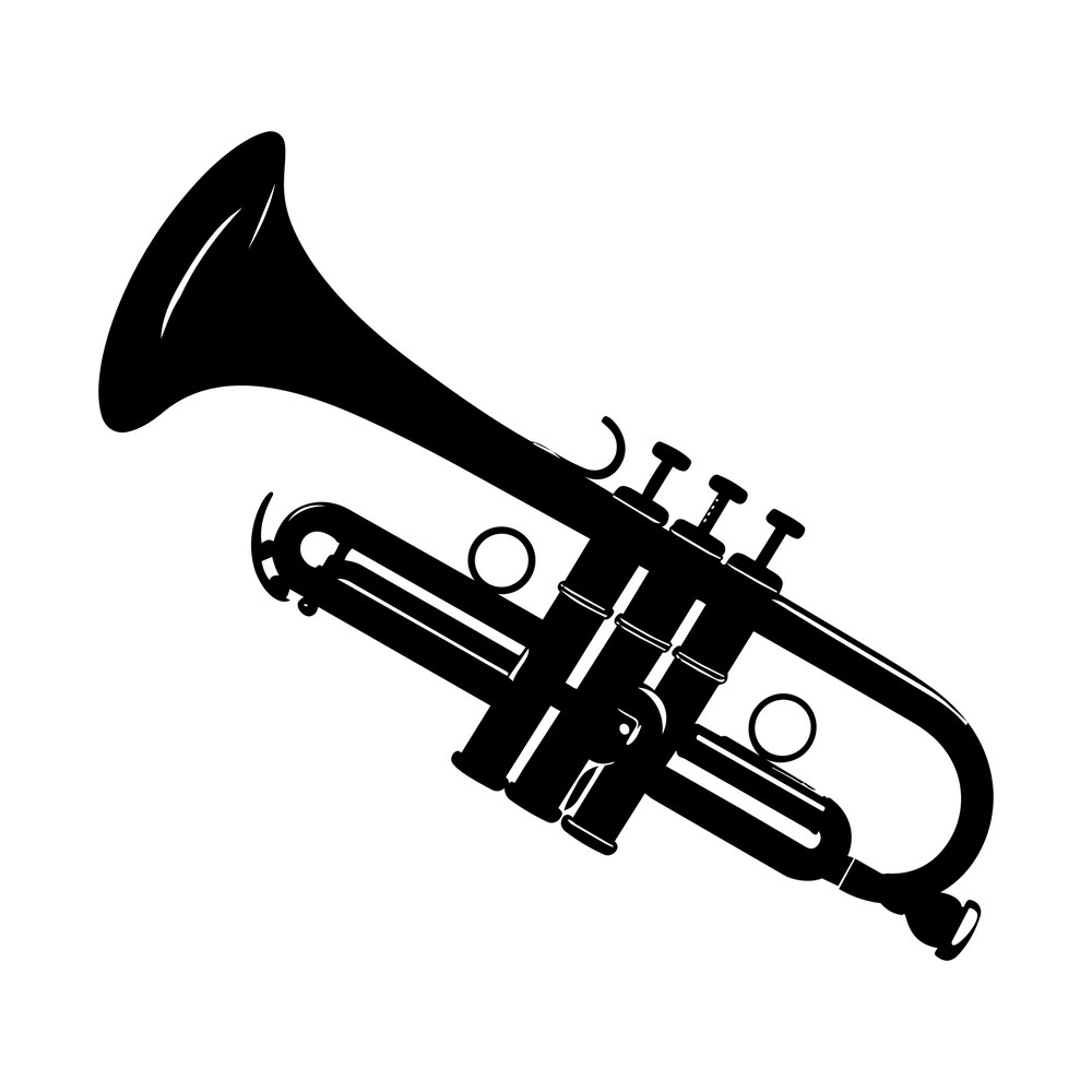 Black trumpet silhouette sticker with flared bell, three raised valves and looping slides