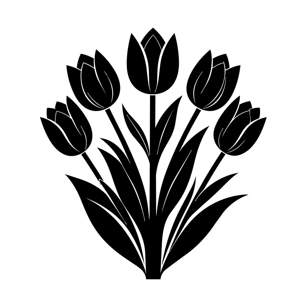 Black silhouette bouquet of five tulips with tall stems and long pointed leaves