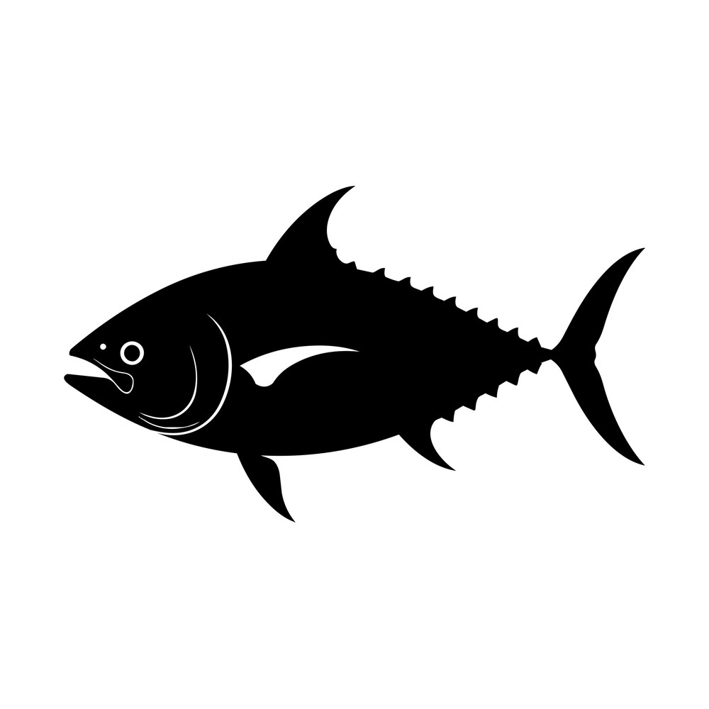 Black tuna fish silhouette in profile with sickle tail, dorsal fin and small finlets