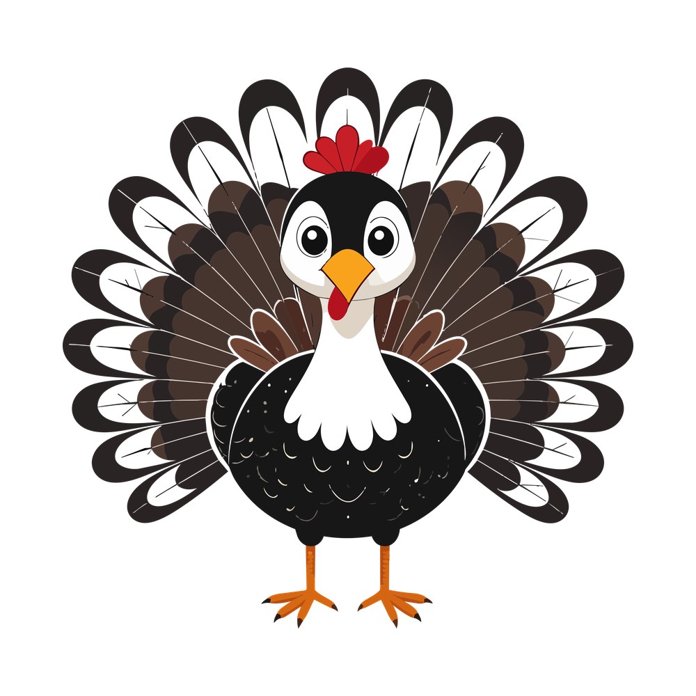 Cartoon turkey with fanned brown and white tail feathers, red wattle, orange beak and legs
