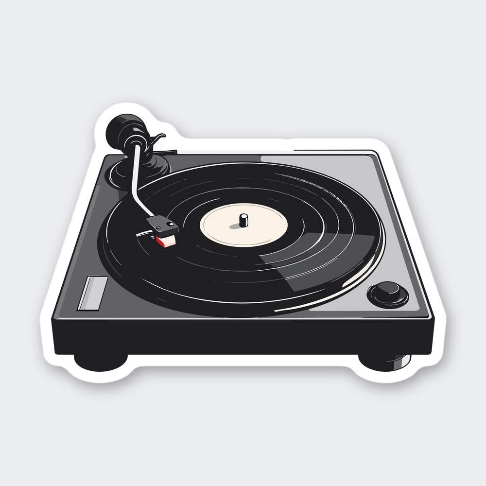 Retro turntable sticker with black vinyl record, silver platter, tonearm and red cartridge