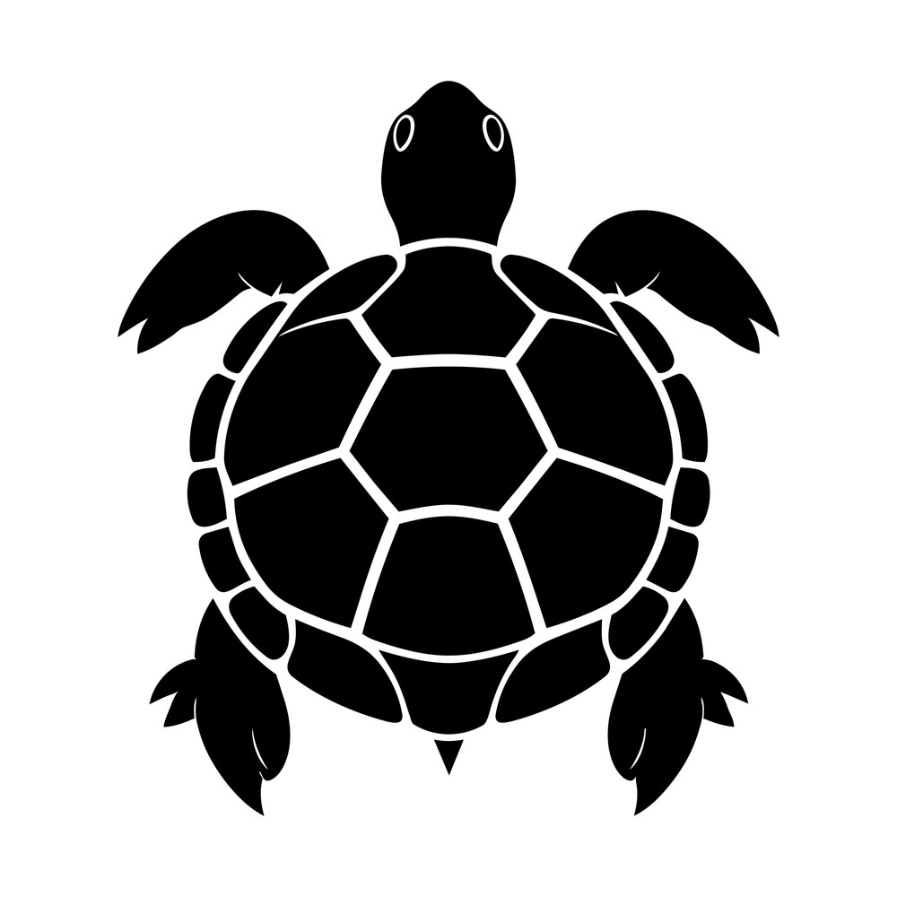 Black top-down sea turtle silhouette with segmented shell, four flippers and small round eyes