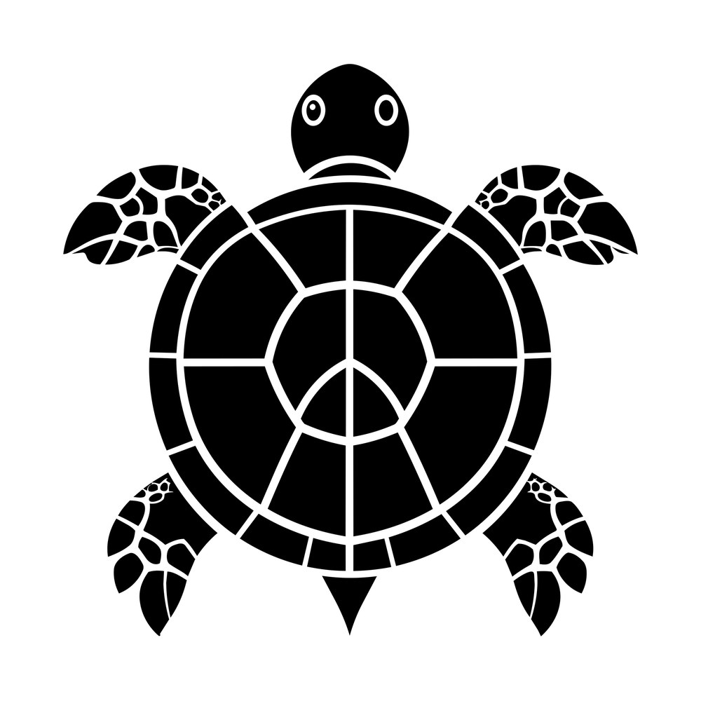 Black top-view sea turtle sticker with segmented shell panels and pebbled flippers on white