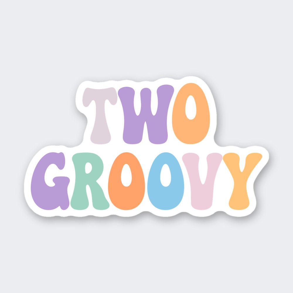 Two Groovy in chunky retro bubble letters, each letter a different pastel color