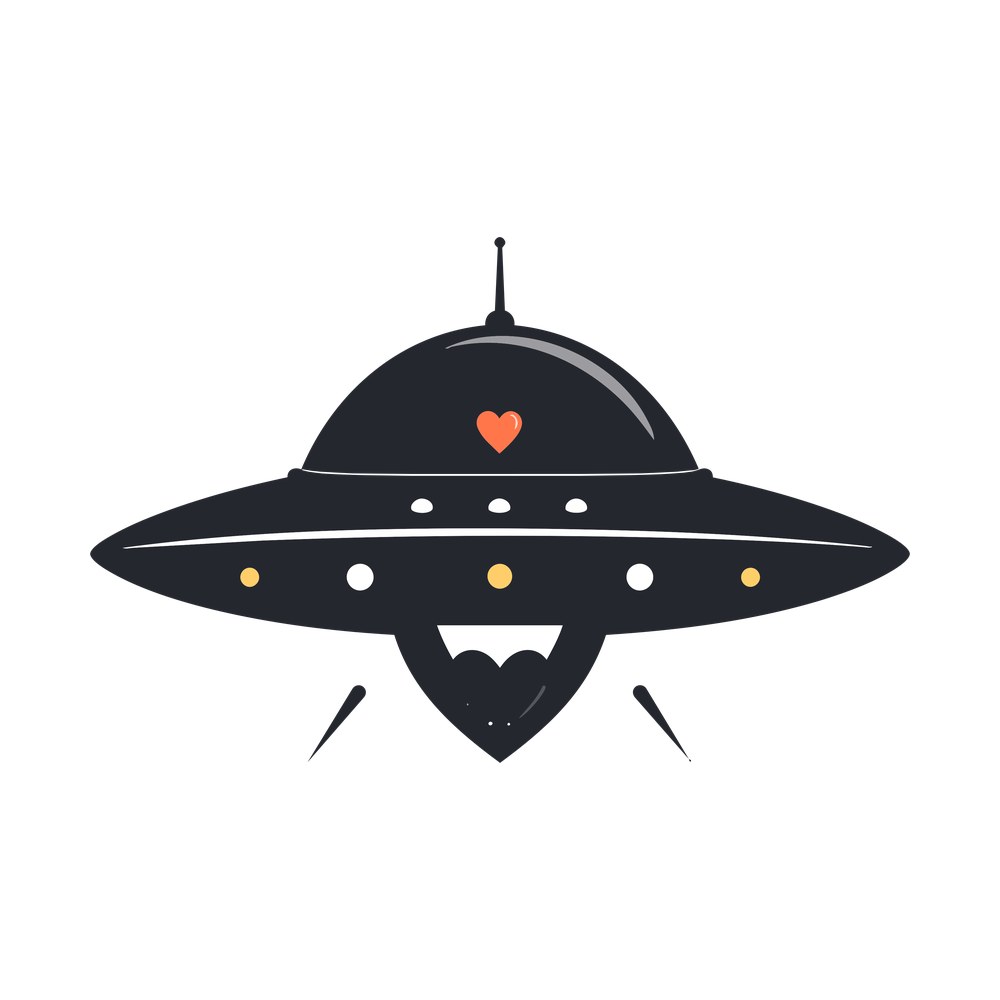 Flat style flying saucer with a red heart on its dome, round lights and a small beam below