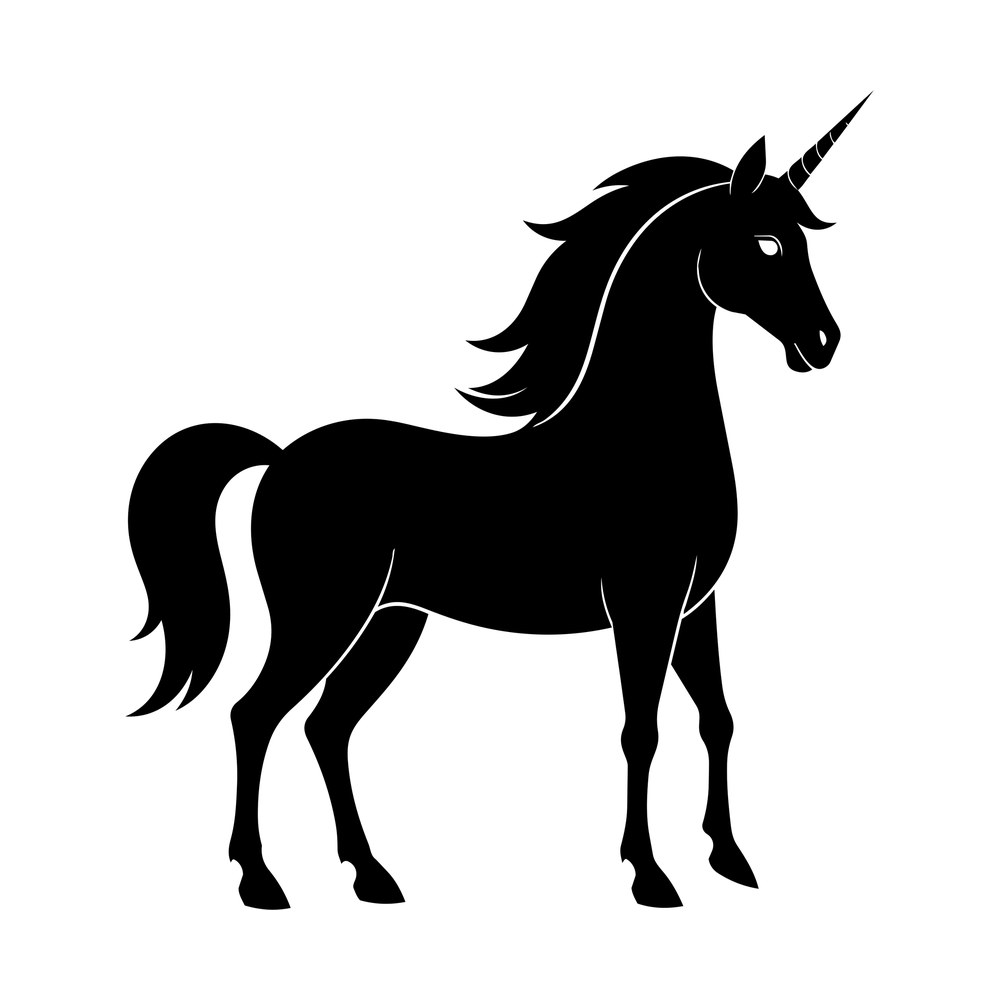 Black standing unicorn silhouette with spiral horn, flowing mane and plumed tail