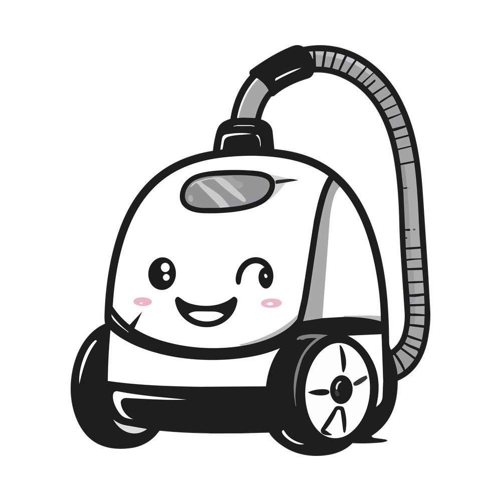 Cartoon canister vacuum cleaner with a winking smiling face, pink cheeks, wheels and a curved hose