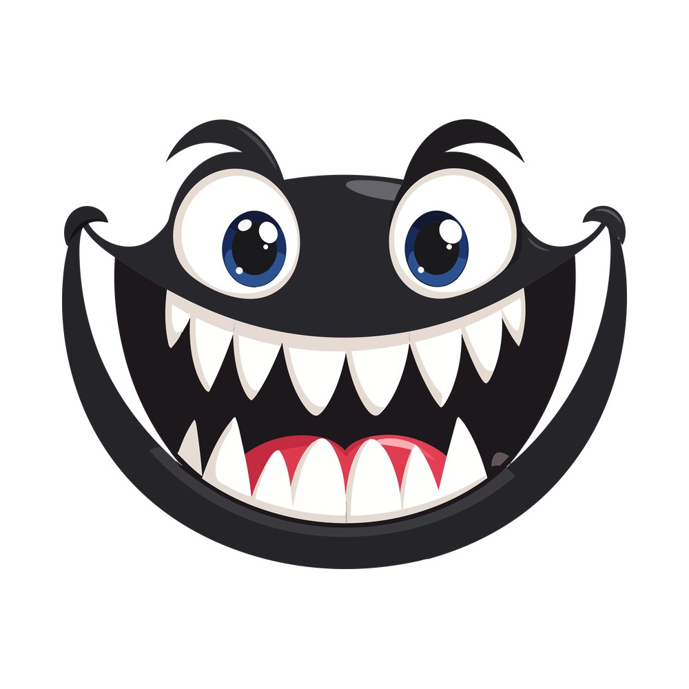Black cartoon monster face with wide toothy grin, long fangs, red tongue and large blue eyes