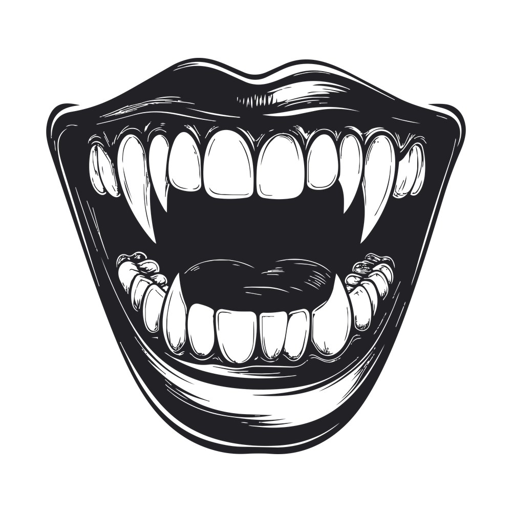 Line art vampire mouth with long fangs, full teeth and a shaded tongue in black and white