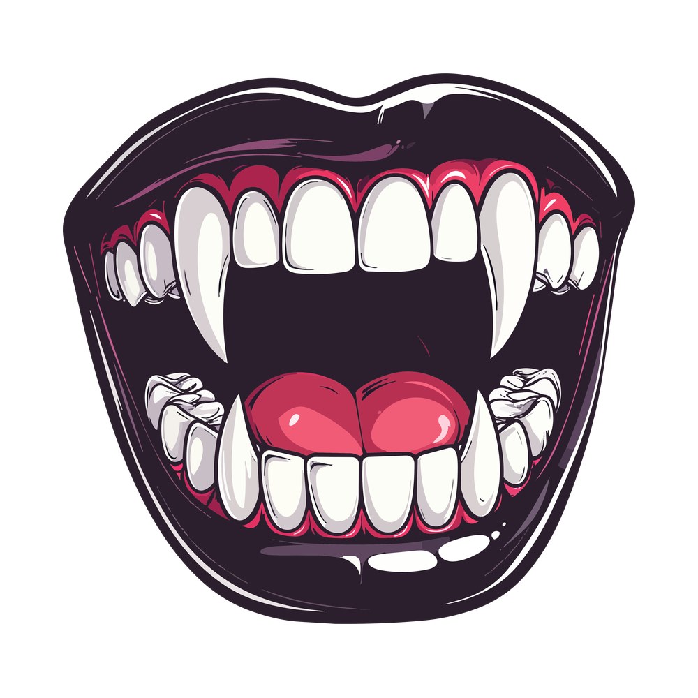 Cartoon vampire mouth open wide with long white fangs, pink gums and tongue, dark purple lips