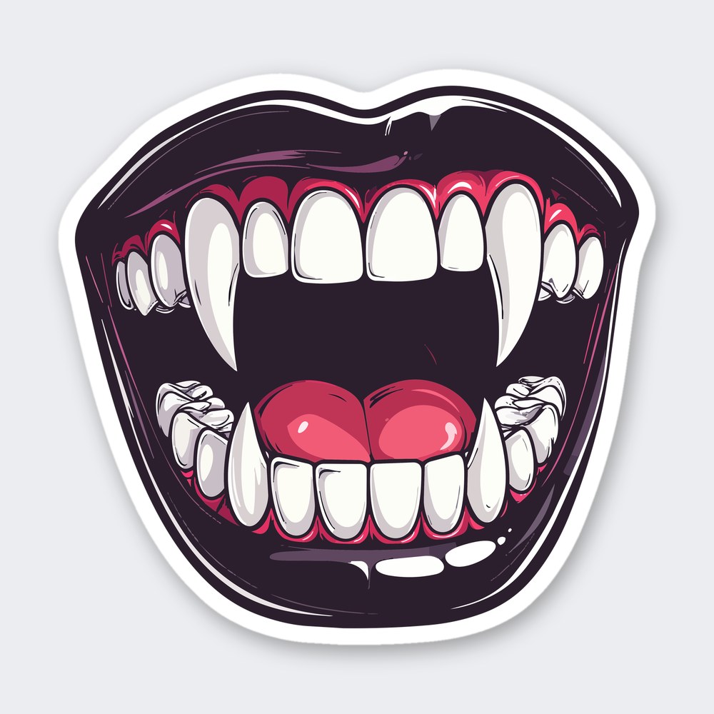 Cartoon vampire mouth open wide with long white fangs, pink gums and tongue, dark purple lips