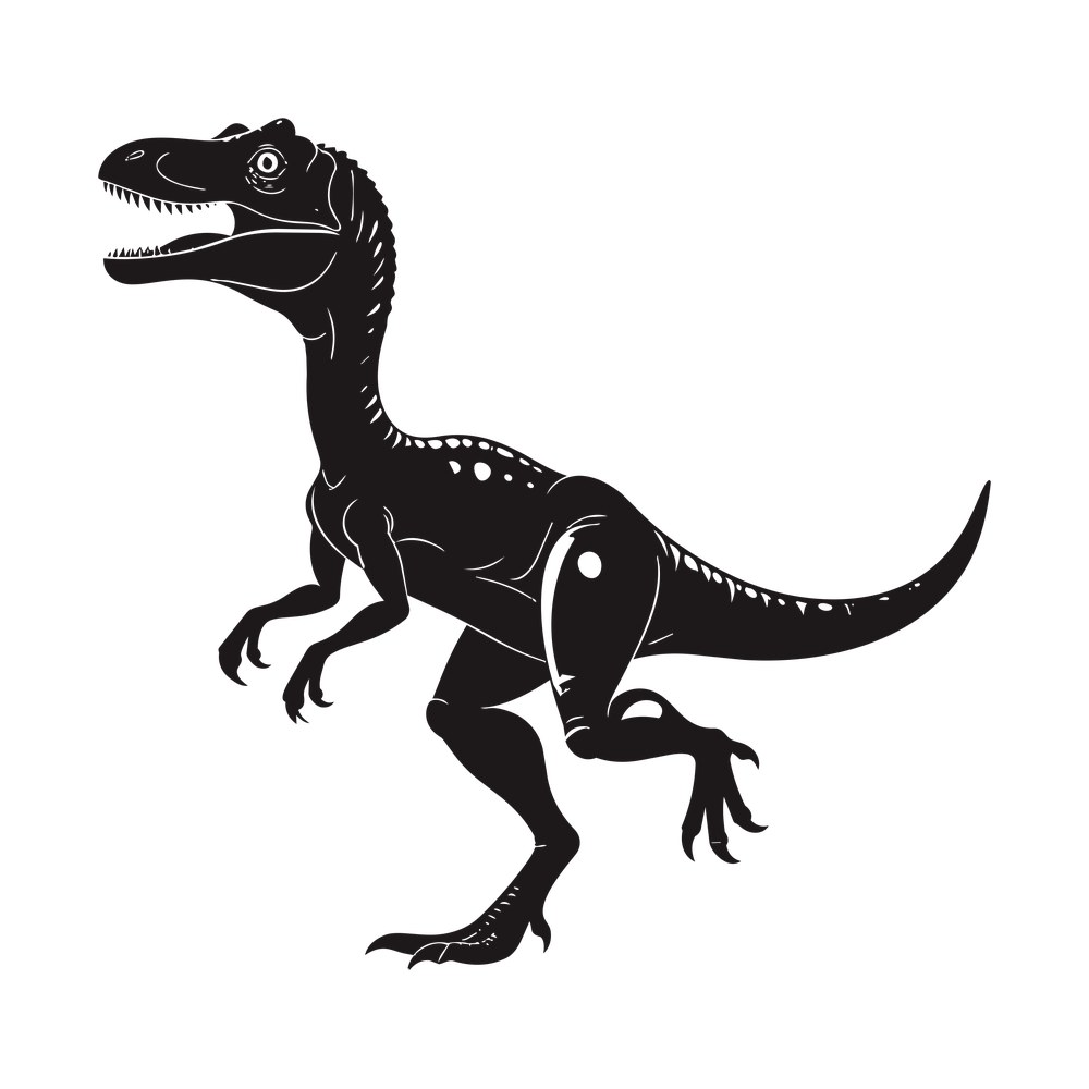 Bold black velociraptor silhouette in side view with open jaws, spotted back and clawed hands