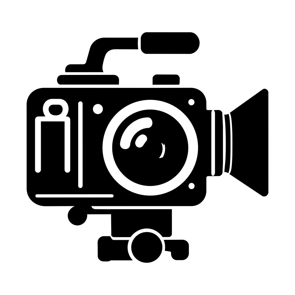 Black silhouette sticker of a video camera with round lens, matte box, top handle and tripod plate