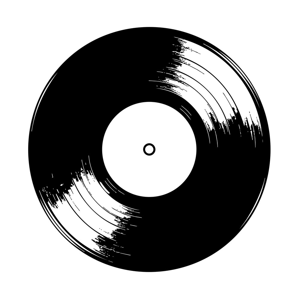 Black vinyl LP record with a white center label and distressed brush streaks across the grooves