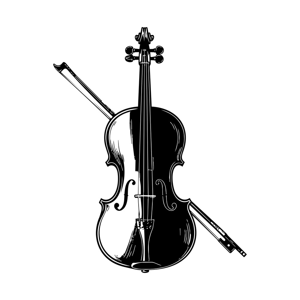 Hand-drawn violin with bow angled behind it, showing scroll, pegs, f-holes and tailpiece