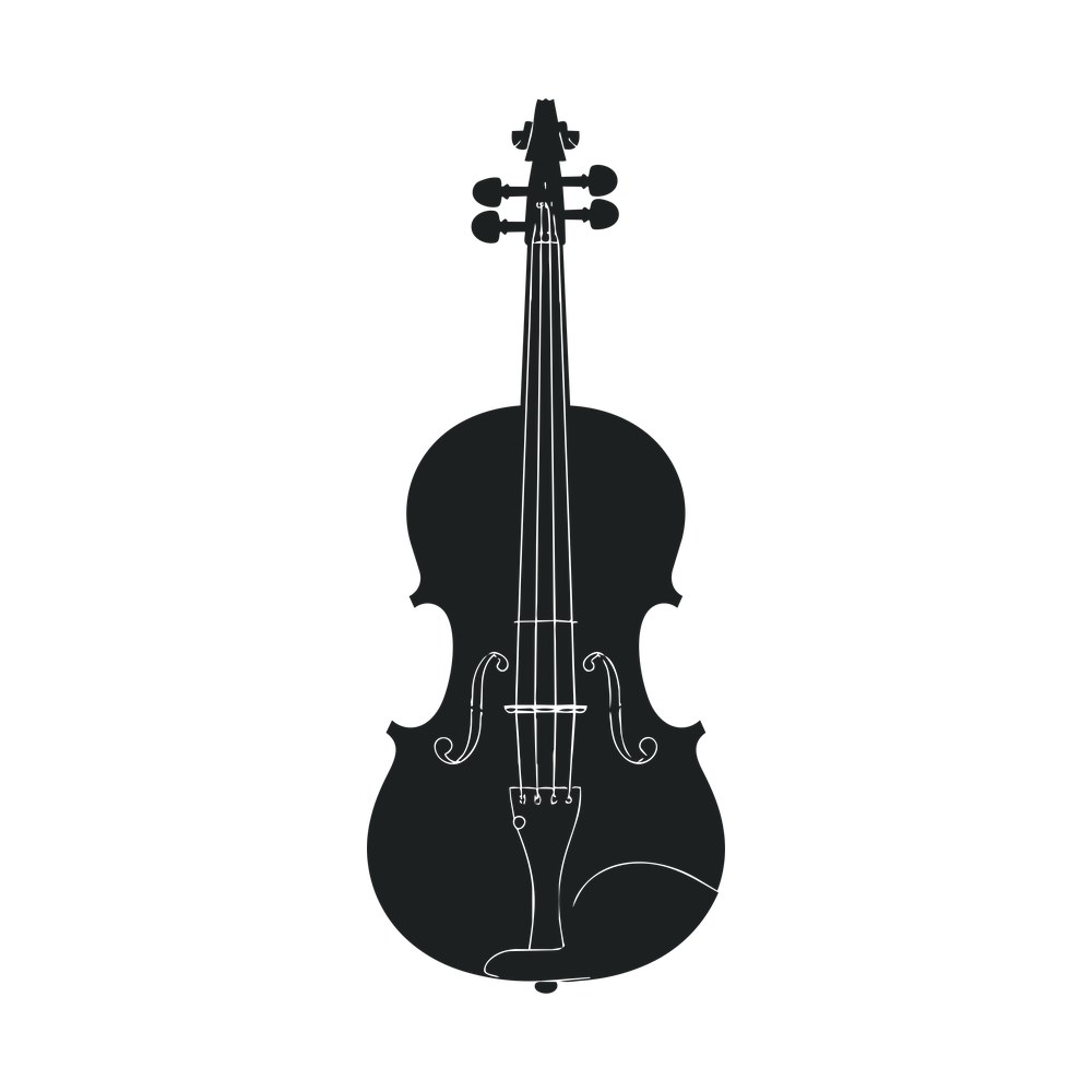 Front view violin silhouette with scroll, pegs, strings and f-holes shown as thin cut lines