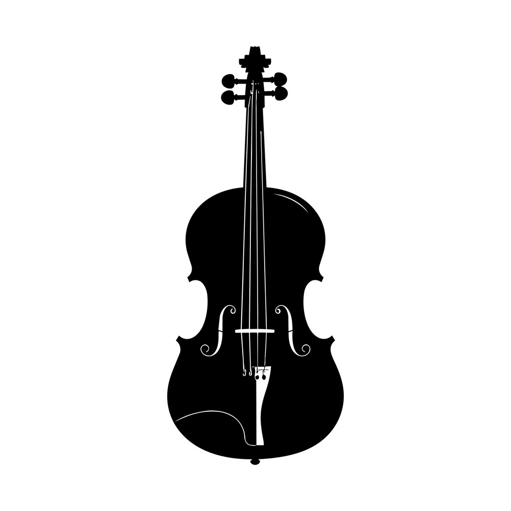 Black silhouette of a violin with white strings, bridge, f-holes and scroll with tuning pegs