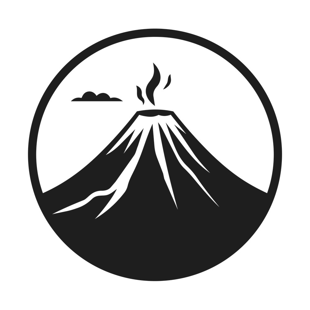 Erupting volcano with smoke ribbons and a cloud inside a black circle badge outline