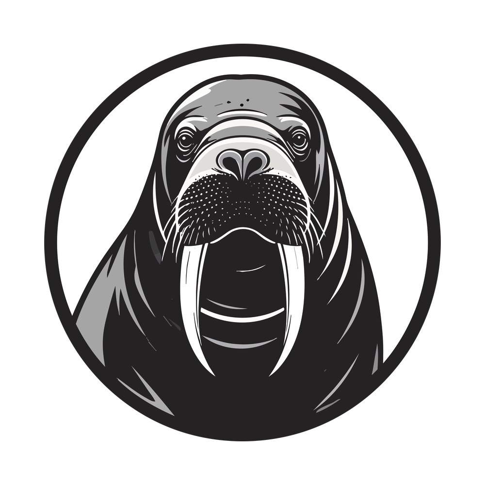 Walrus head with long tusks and whiskered muzzle inside a thick black circle badge